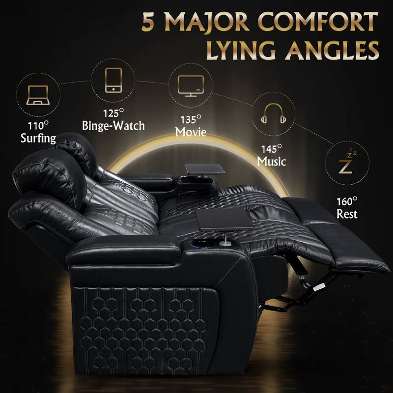 Roomfitters 62" Power Recliner Set (2-Piece), Top-Grain Nappa 11000 Leather, RGB LED & USB-C Charging, Black