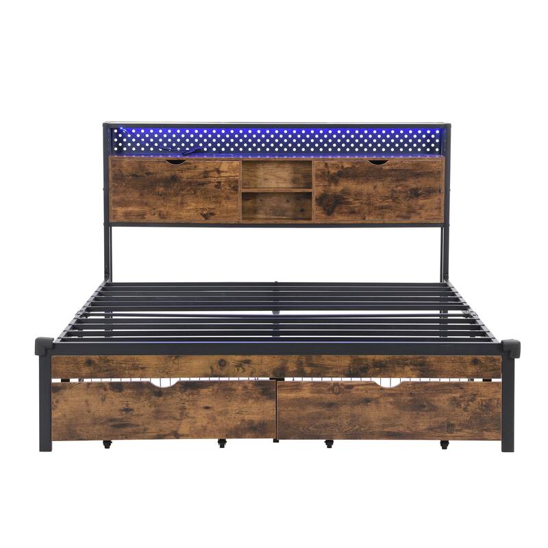 Queen Size Metal Platform Bed with Wooden Headboard, USB Charging, Storage Drawers, LED Lights, Easy Assembly