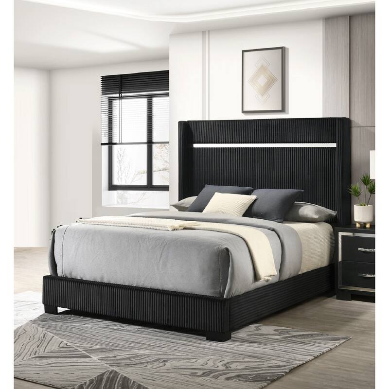 Contemporary Queen Size Upholstered Bed with Channel Tufted Headboard