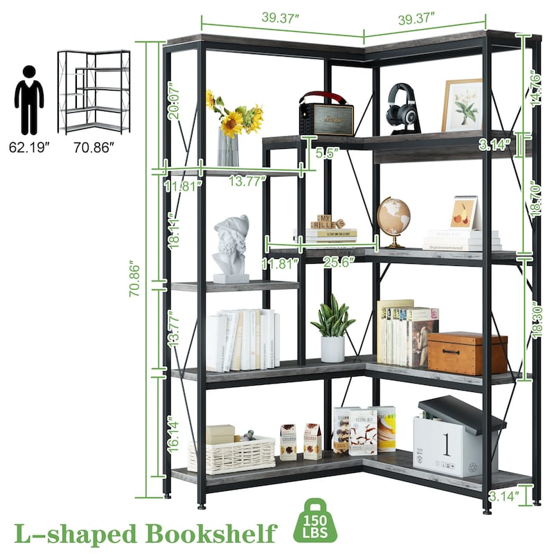 5-Tier L-Shaped Corner Bookshelf, Industrial Style Storage Shelf