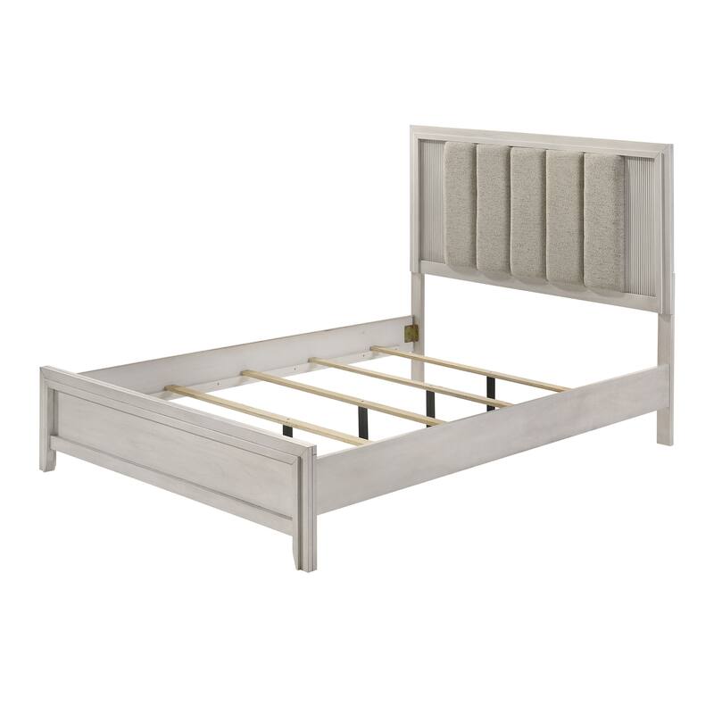 Queen Size Upholstered Bed with Plush Headboard in Mist White Finish