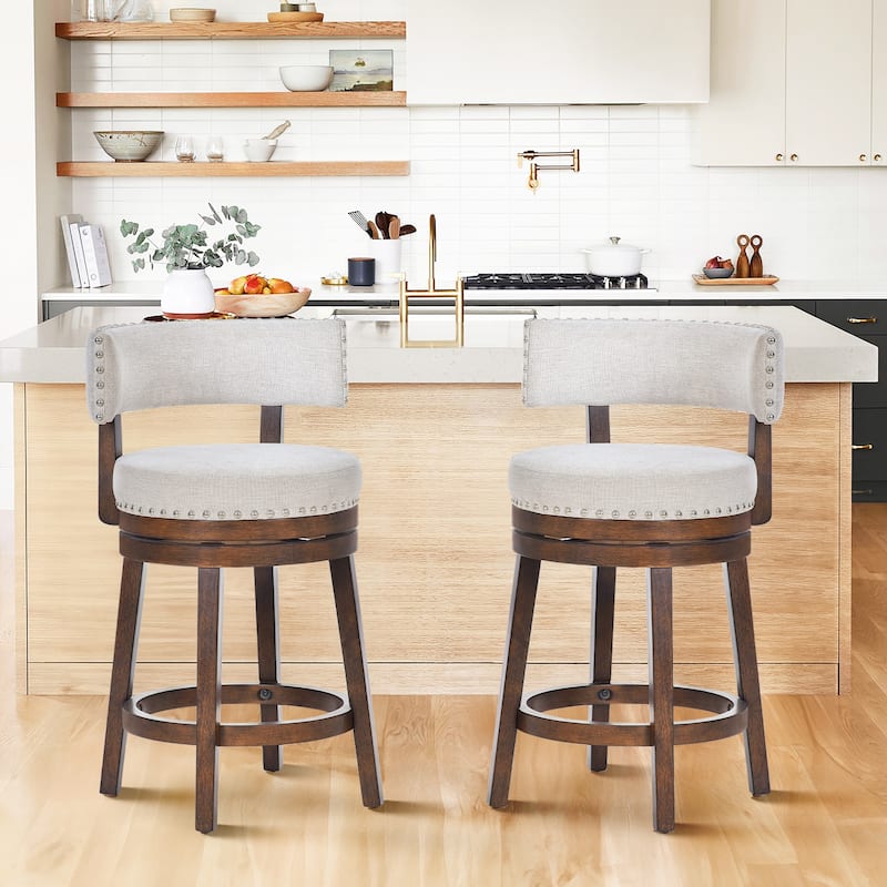 Modern Velvet Swivel Bar Stool - 25" or 30" Counter Height with Adjustable Footrest & Walnut Base, for Kitchen Islands