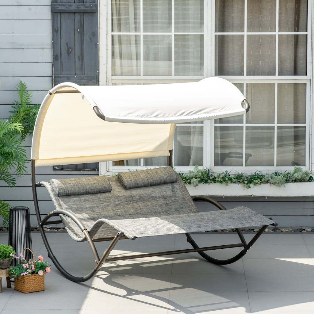 Outsunny Outdoor Double Chaise Rocking Chair, Day Bed Sun Lounger with Canopy Shade, Headrest Pillow, Armrests