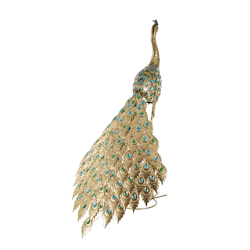 Metal Peacock Garden Sculpture with Blue and Green Jewels - Brass - Roche River Decor