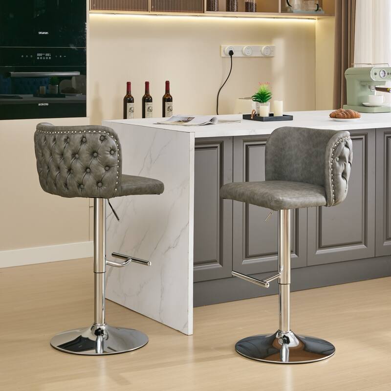 Swivel Barstools Adjusatble Seat Height With Chrome Base, Modern PU Upholstered Bar Stools with the whole Back Tufted