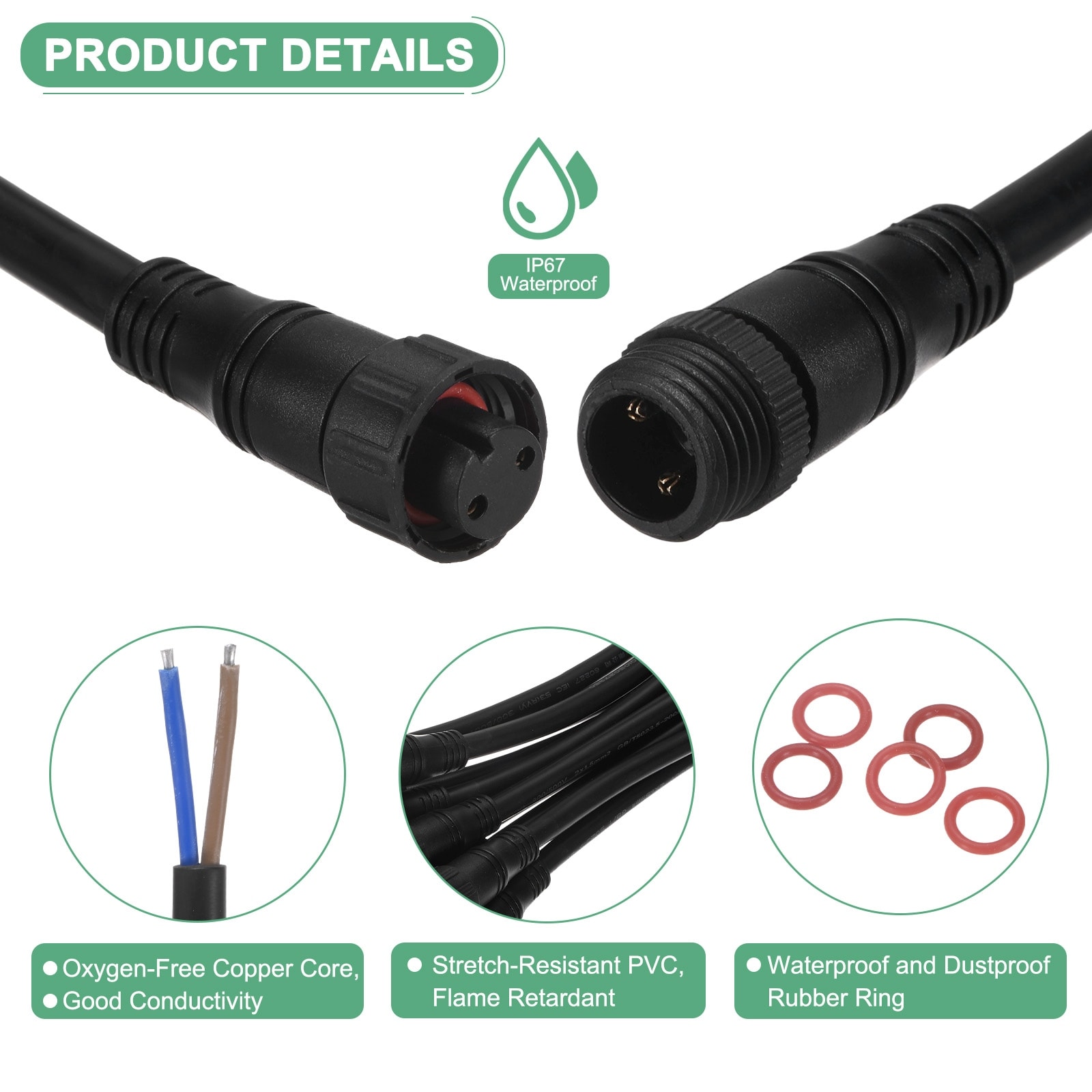 Waterproof Electrical Connector, Extension Cable with Male and Female Connectors for Car/Truck - Black