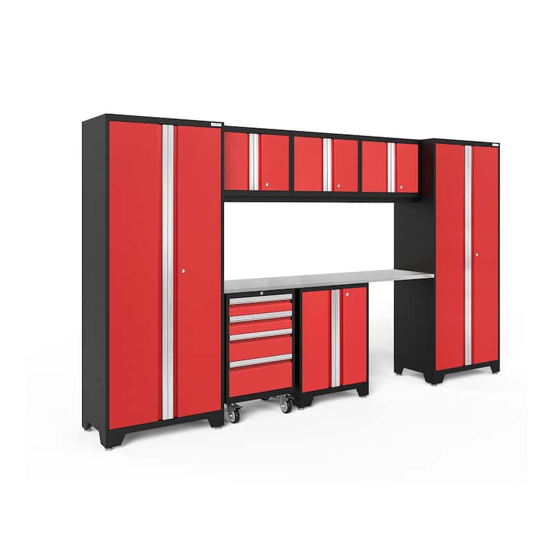 NewAge Products Bold Series 8-pc. Steel Garage Cabinet Set - Stainless Steel Top / No Slatwall - Red