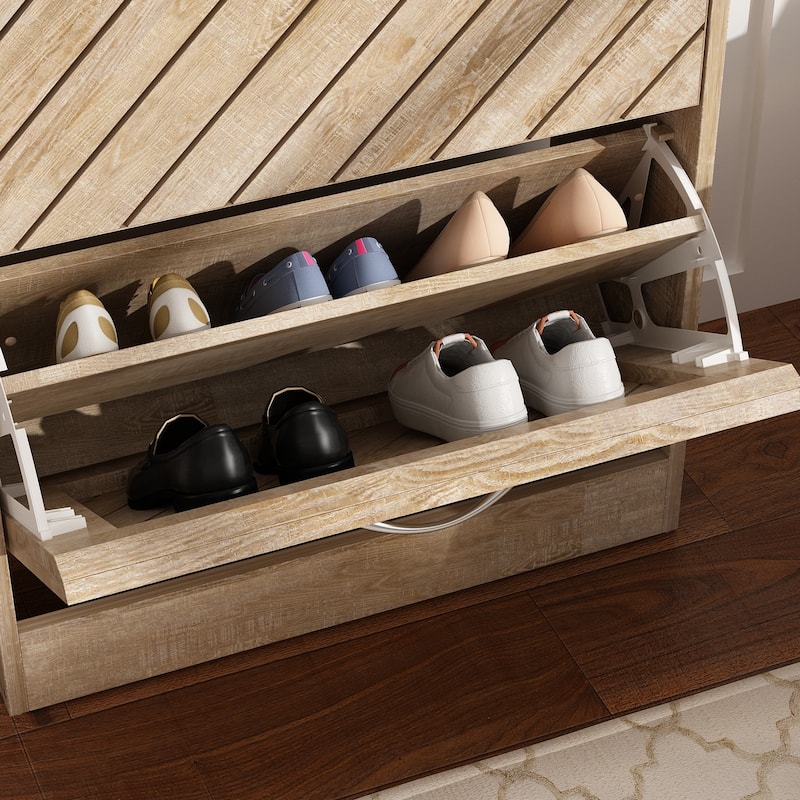 Timechee 8 Pair Shoe Storage Cabinet with 2 Drawers, Wood Color
