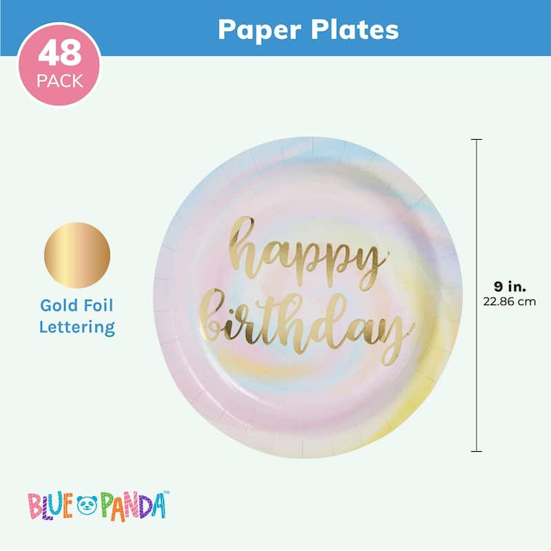 Rainbow Pastel Party Decorations, Gold Foil Happy Birthday Plates (9 In ...