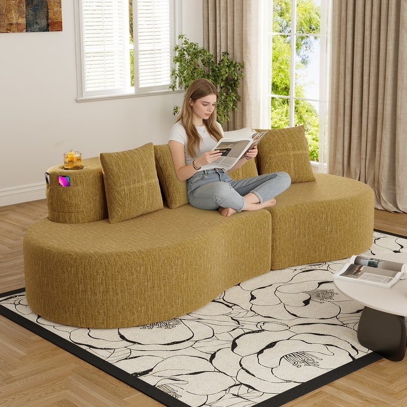 Chenille Upholstered Curved 3 Seat Minimalist Compressed Modular Sectional Sofa