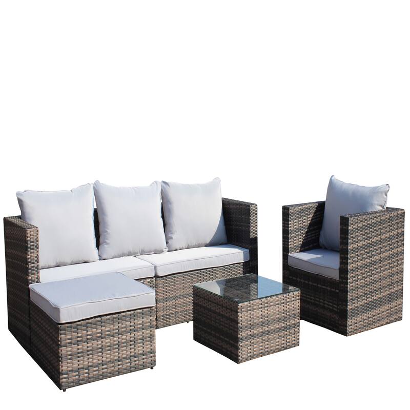 Outdoor 4-Piece PE Rattan Wicker Cushioned Sofa Set and Coffee Table