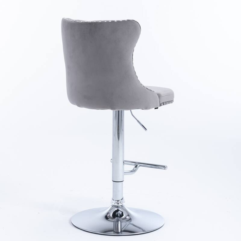 Furniture Set of 2 Swivel Velvet Bar Stools with Chrome Base, Tufted Back & Adjustable Height 25-33" - Gray