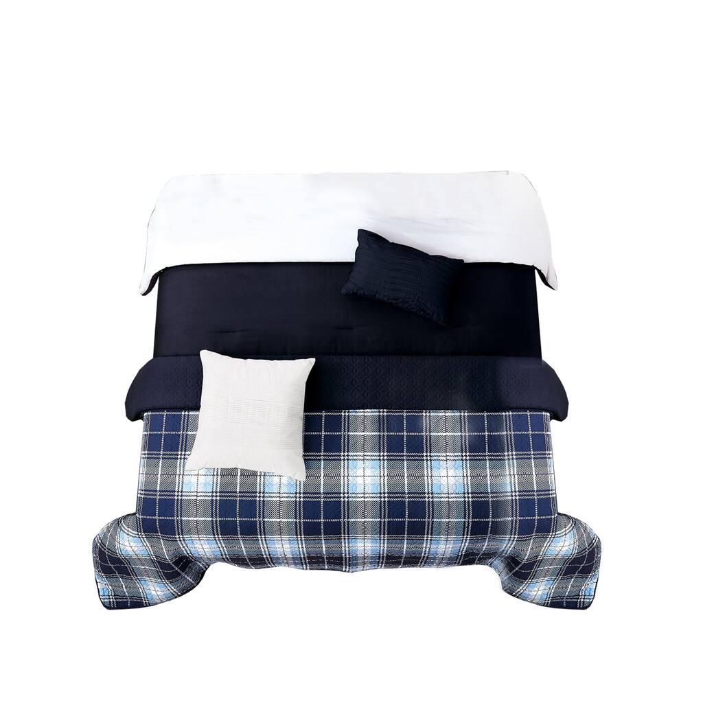 6 Piece Twin Size Fabric Comforter Set with Check Prints, Blue