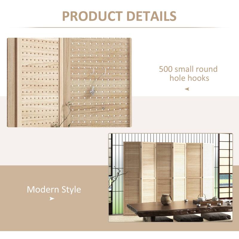 HOMCOM 6 Panel Room Divider, 5.6' Tall Indoor Portable Wood Folding Privacy Screen with Hook Holes