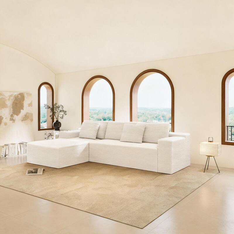 Roomfitters 104.3" Modular Sectional Sofa, 2-Piece Compressed Cloud Couch, No Assembly Required, Plush Corduroy, White