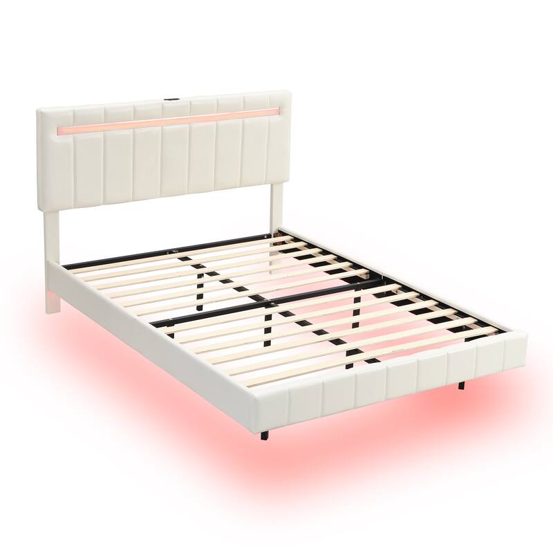 Queen Size Floating Bed Frame with LED Lights and USB Charging, Modern