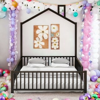 Black Metal Full Size House Bed with Guardrail , Kids Bed with Headboard