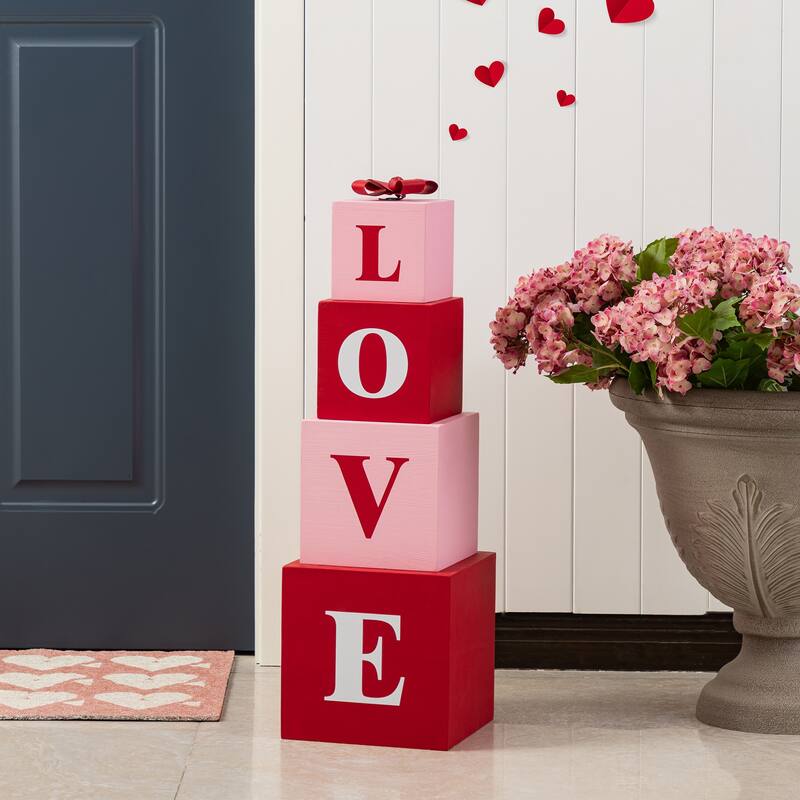 Glitzhome 25"H Valentine's Wooden Double-Sided XOXO & LOVE Boxed Porch Decor
