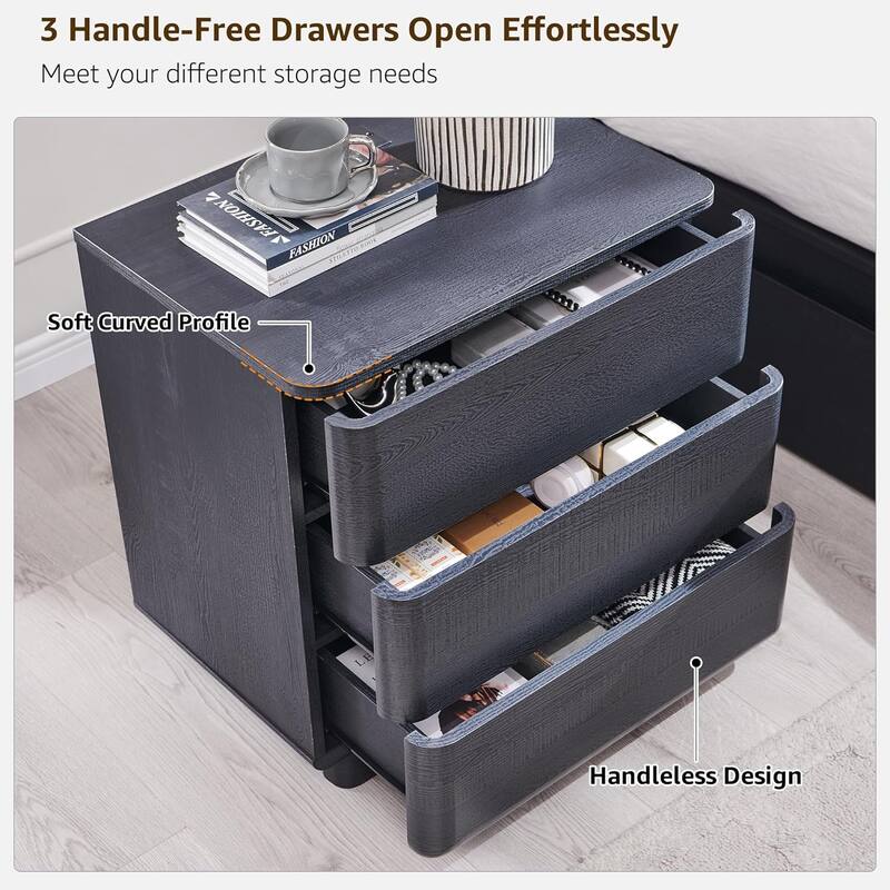 Modern Nightstand with Charging Station, Handleless Bedside Table