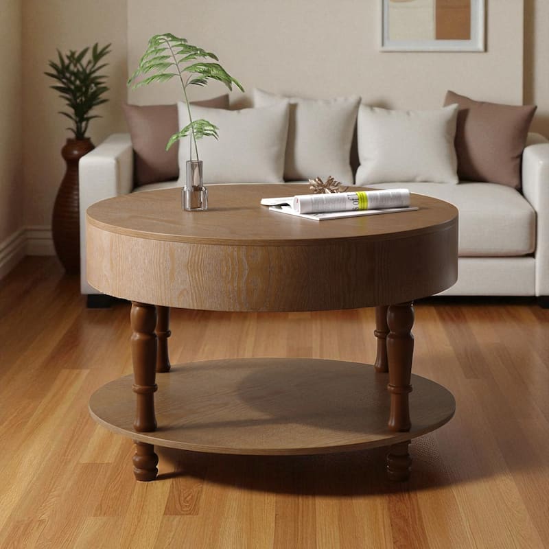 31.5" Round Coffee Table with Dual Storage, Modern 2-Tier Wood Accent Table with Hidden Compartment & Adjustable Feet