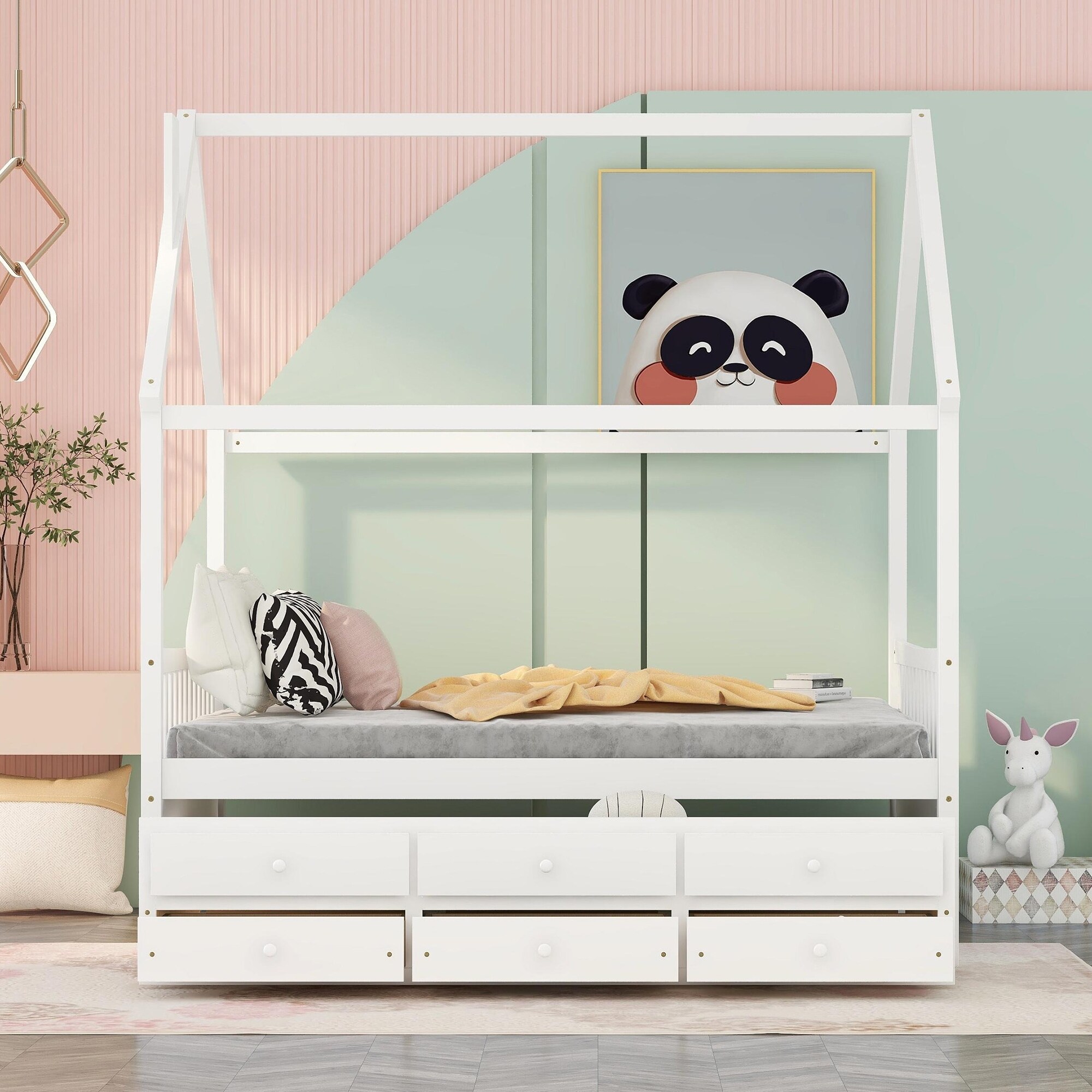 Full Size Wooden House Bed with Trundle and 3 Storage Drawers