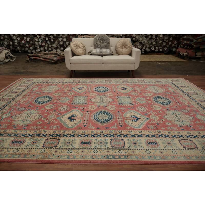 Hand Knotted Oriental 100% Wool Carpet Traditional Geometric Pink Kazak Area Rug - 11' 10'' X 8' 9''