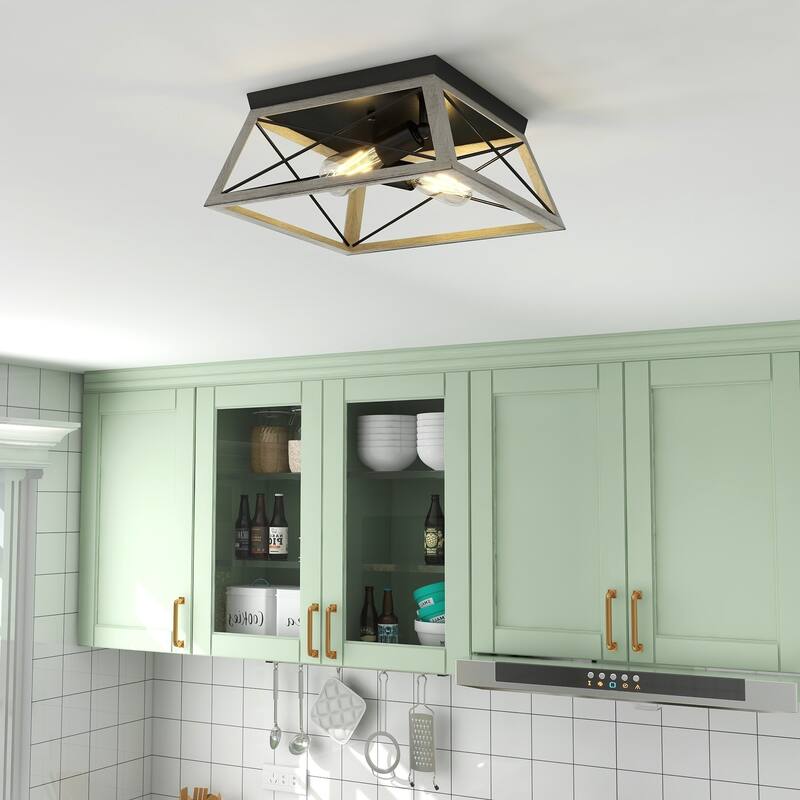 2-Light Black Metal and Wood Flush Mount