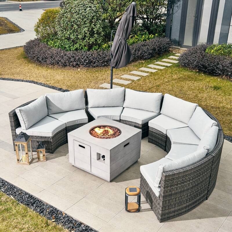 8-Seat Modular Patio PE Rattan Sofa Set with 50000BTU Terrafab Composite Fire Pit Table