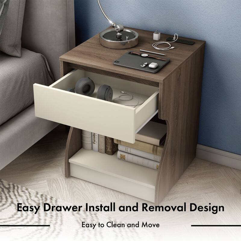 24/7 Shop At Home Modern Chestnut Brown 1-Drawer Nightstand with Charging Station and Hidden Storage