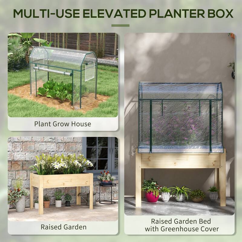 Outsunny Raised Garden Bed with Plastic Greenhouse Cover and Bed Liner, Outdoor Elevated Wood Planter Box