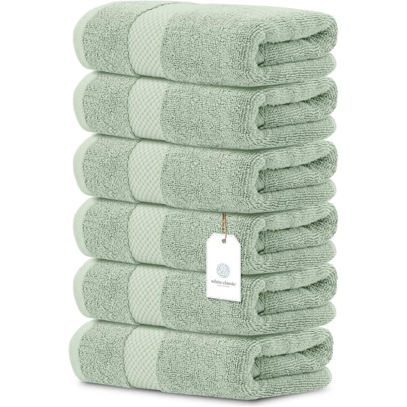 White Classic Luxury Cotton Hand Towel 16x30 - Set of 6 - Green