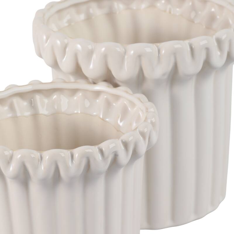 Stoneware Planter Sculpted Rim and Vertical Ridged Texture (Set of 2) - 8.5" x 8.5" x 8.75"