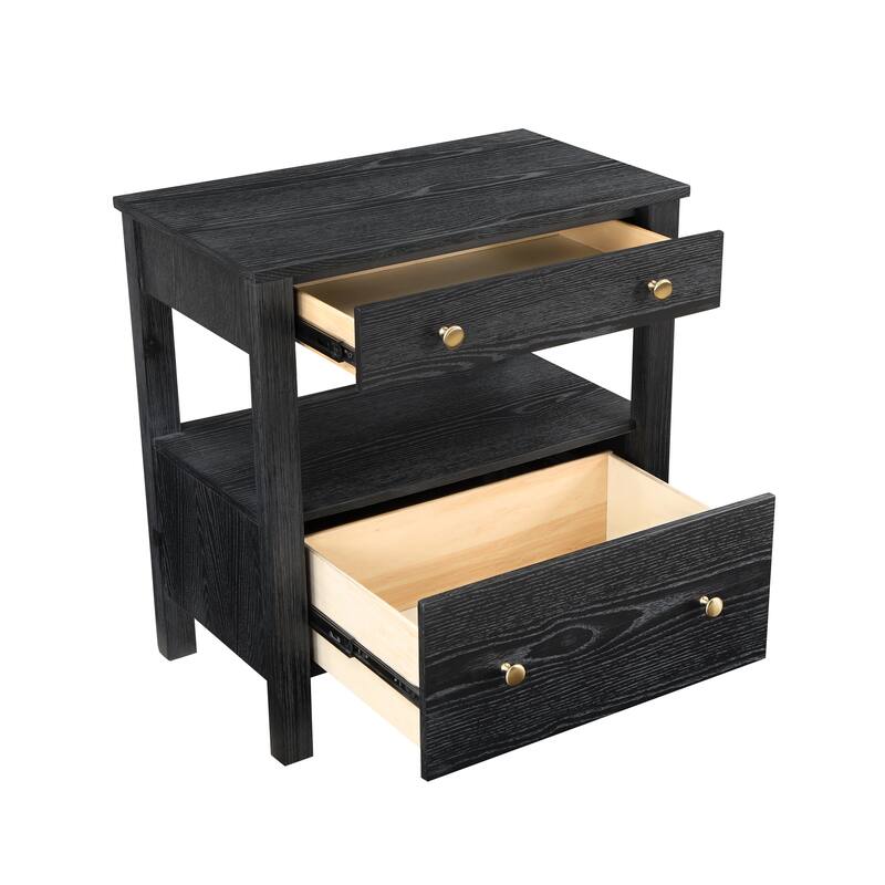 2- Drawer Nightstand with Gold Knobs and Open Shelf Modern Design