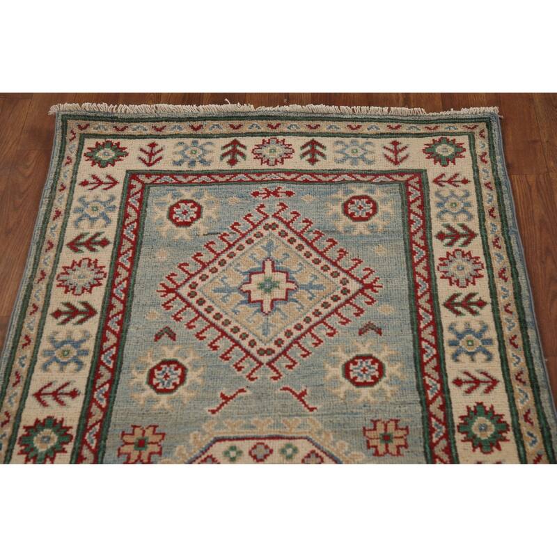 Light Blue Kazak Runner Rug Hand-Knotted Traditional Wool Carpet - 2'8" x 13'4"