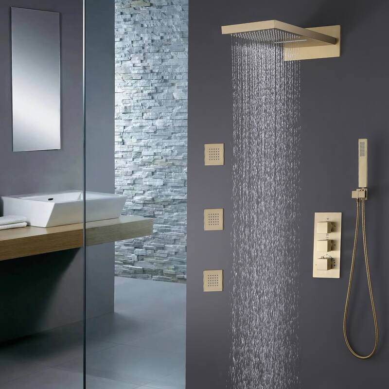 High-pressure Square Thermostatic Rainfall Shower System with HandheldShower & 3 Massaging Jets