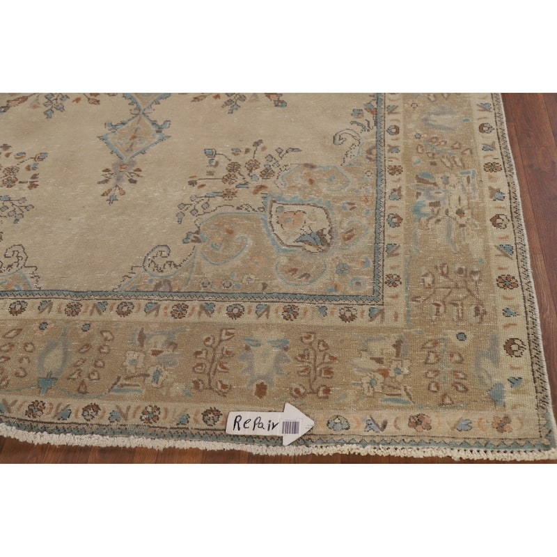 Vintage Geometric Distressed Tabriz Persian Rug Handmade Wool Carpet - 6'3" x 9'9"