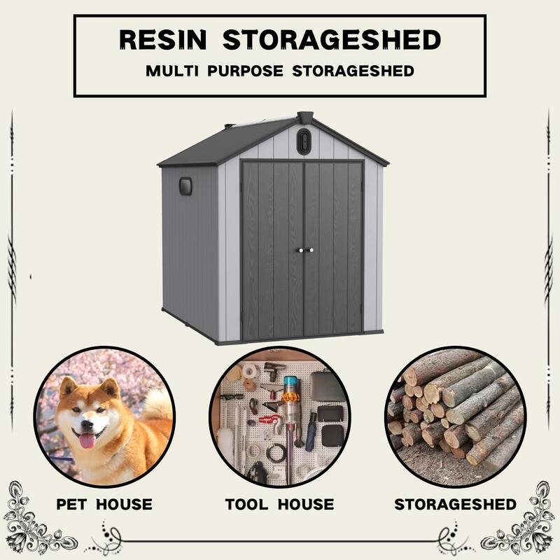 Waterproof Resin Garden Shed with Hinged Double Doors & Rain Gutter Weatherproof Storage Shed, Double Wall Panels