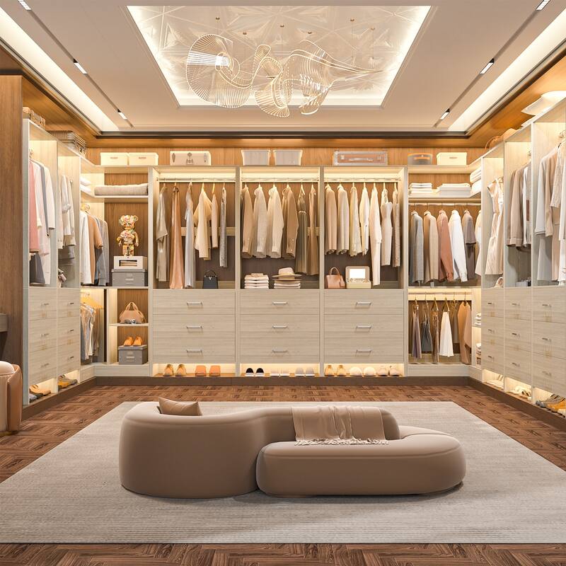 Set of 2 Freestanding Corner Closet Organizer with Drawers, Walk-in Closet System with Hanging Rods