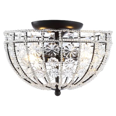 Leila 12" Crystal Flower Metal/Acrylic LED Semi-Flush Mount, Black/Clear by JONATHAN Y