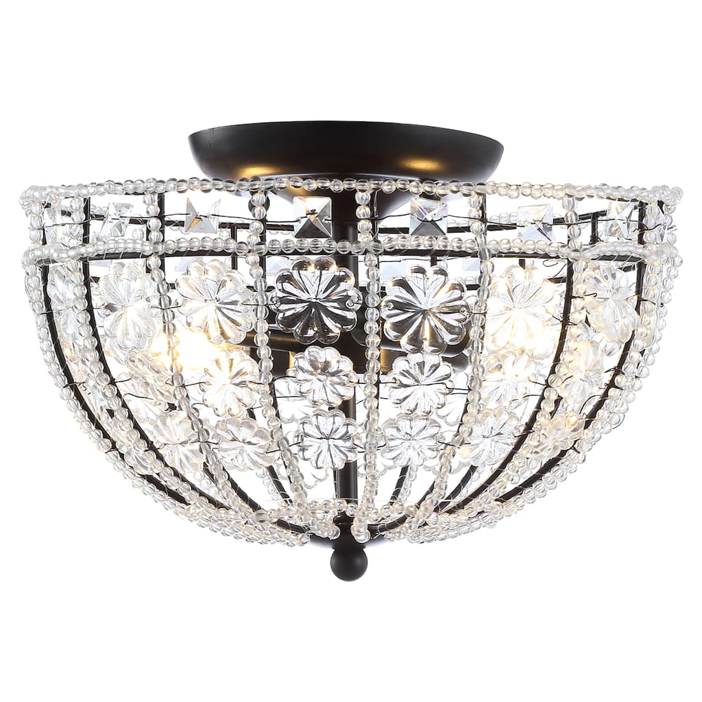 Leila 12" Crystal Flower Metal/Acrylic LED Semi-Flush Mount, Black/Clear by JONATHAN Y