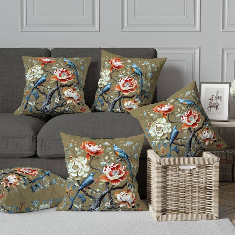 Botanical Bird Ensemble Broadcloth Pillow With Removable Cover in Blue Orange Green