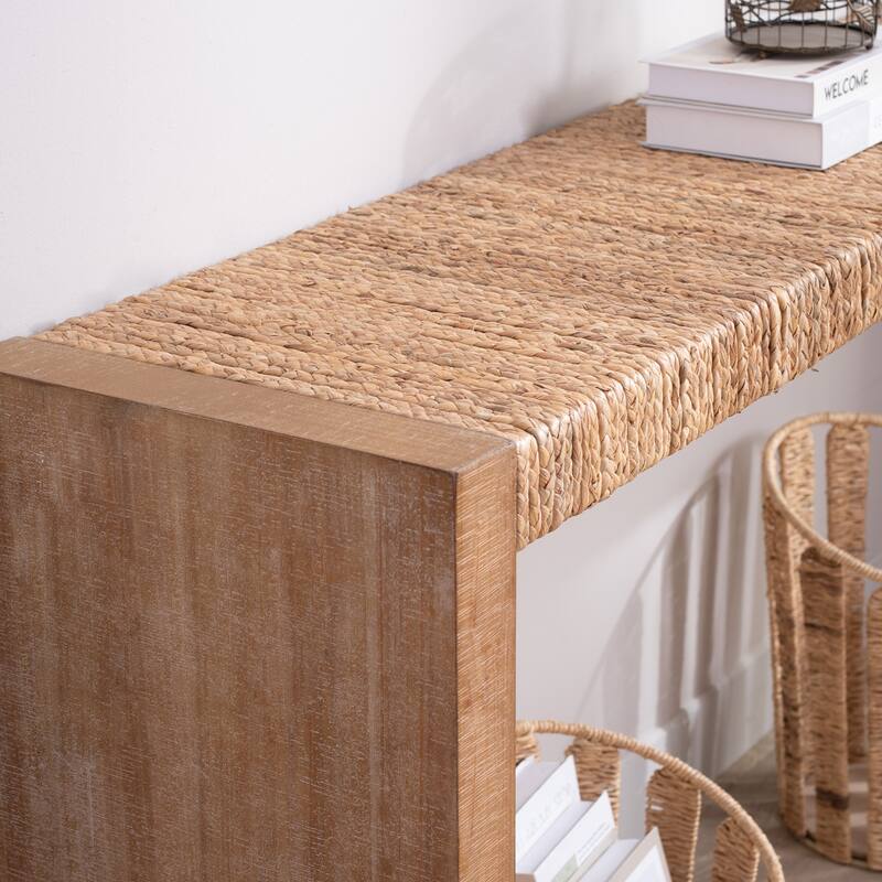 Handwoven Seagrass Console Table with Engineered Wood Frame for Entryways and Accent Walls