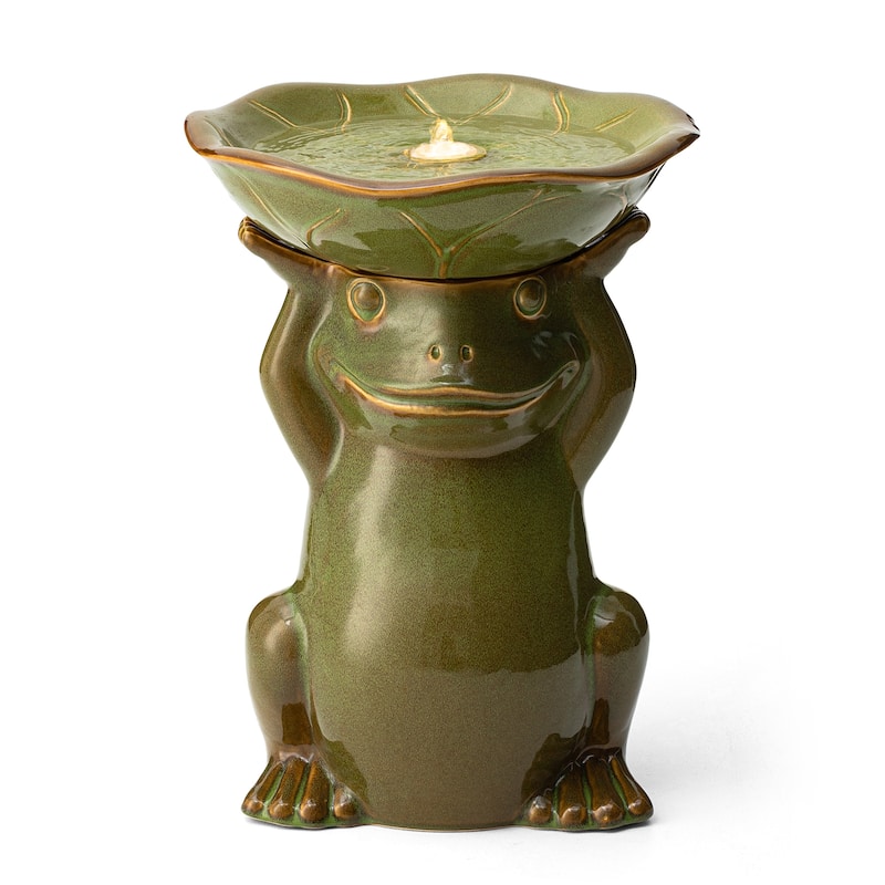 Glitzhome 21.5"H Ceramic Outdoor Floor Fountain Frog Hold a Lotus Birdbath with LED Light