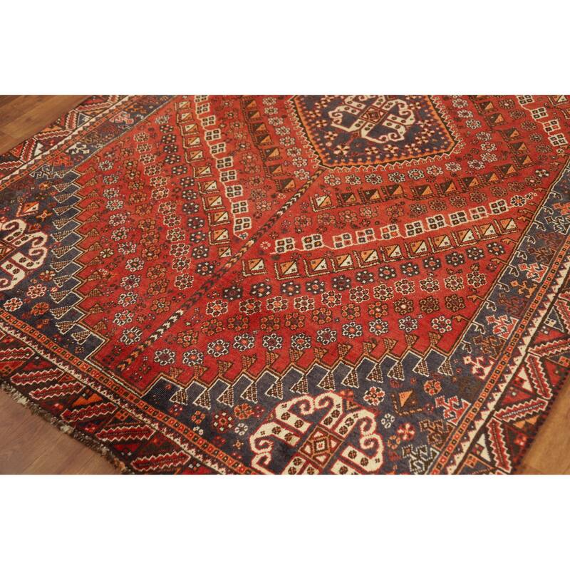 Hand Knotted Oriental 100% Wool Carpet Traditional Medallion Oranges & Rust Qashqai Area Rug - 8' 1'' X 5' 0''