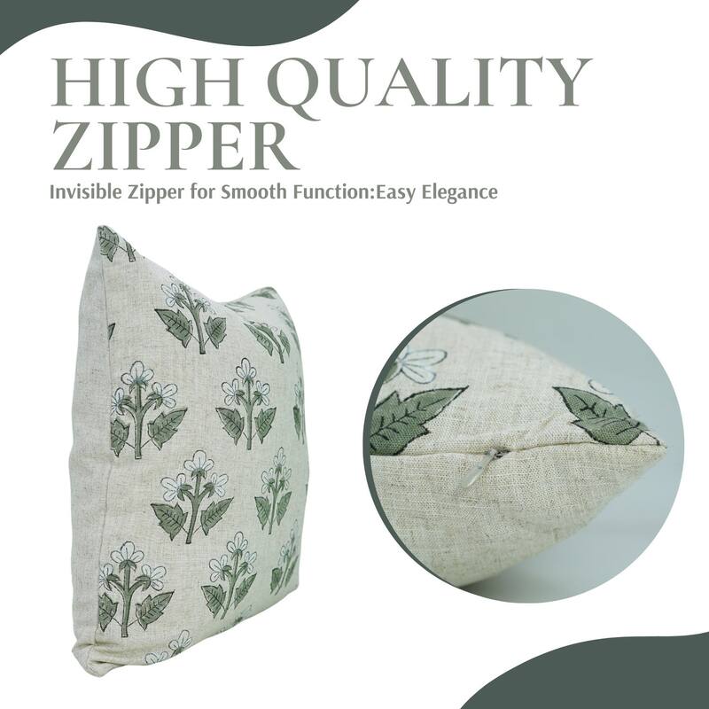 Fabdivine Viscose Linen Floral White or Green Cushion Cover Handmade Block Print, Chahat