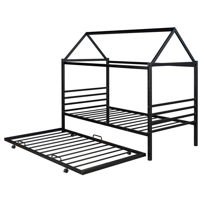 Twin Size Metal House Shape Platform Bed with Trundle Bed Bath