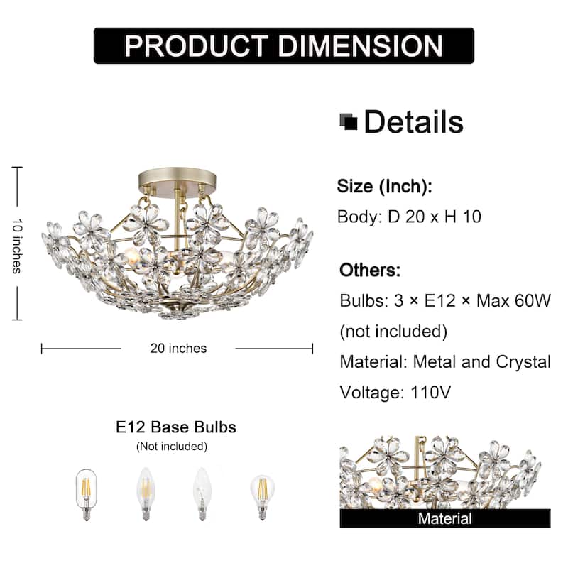 Rosa Glam 3-Light 20" Daisy Crystal Glass Flower Blossom Flush Mount - Brushed Silver-ish Champagne
