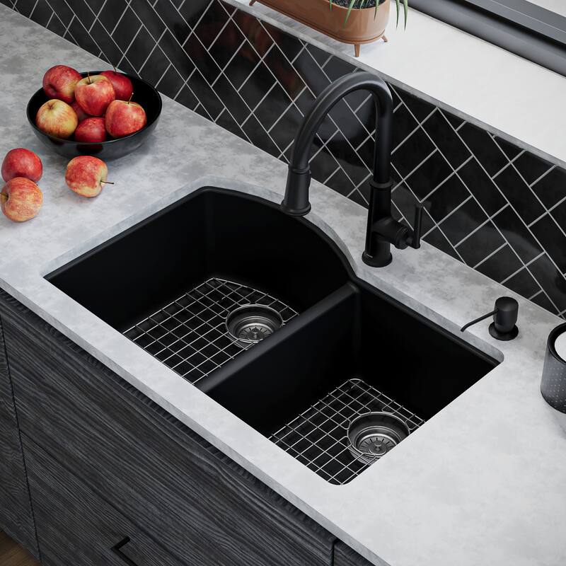 Karran Undermount Quartz 32 in. 60/40 Double Bowl Kitchen Sink Kit