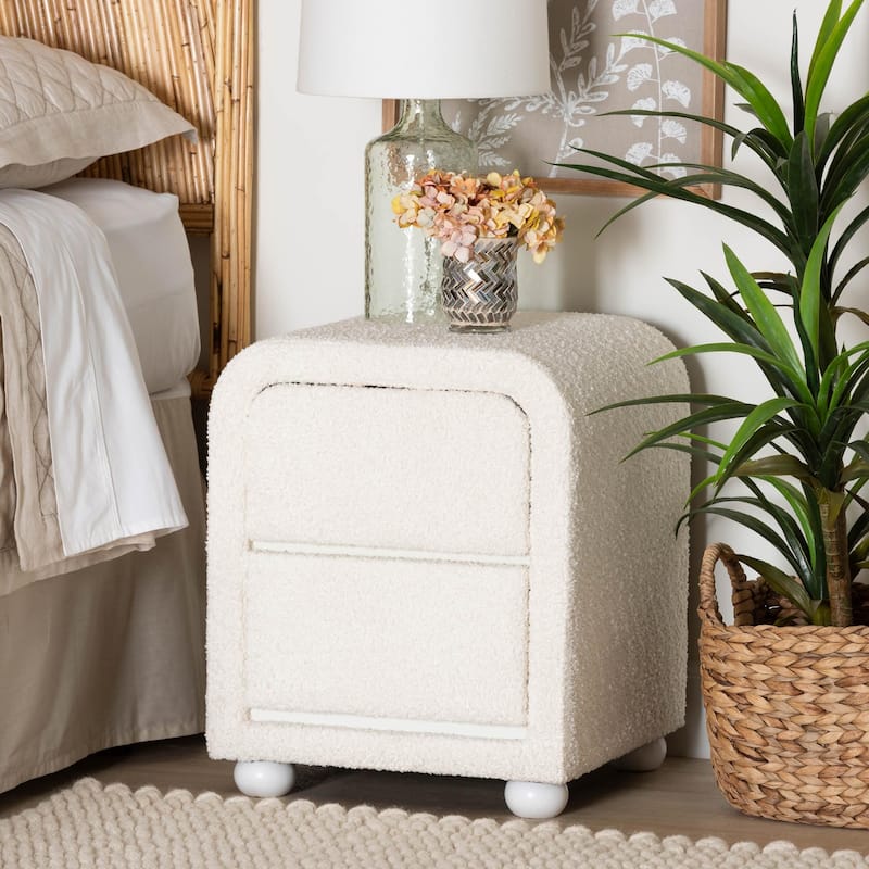 Bonilla Modern White Teddy-Bear Fabric and Rubberwood 2-Drawer Nightstand