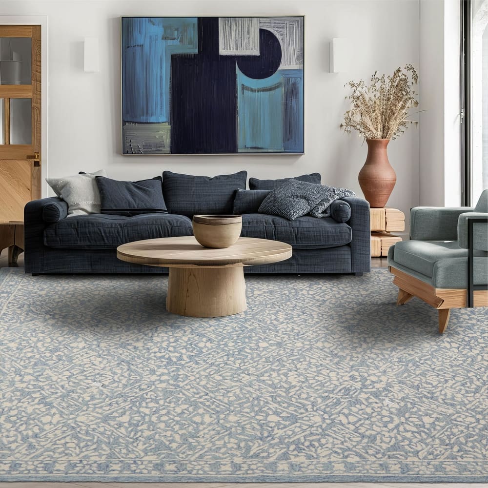 Multi Size 5'x8' Blue Wool Hand Hooked Transitional Area Rug